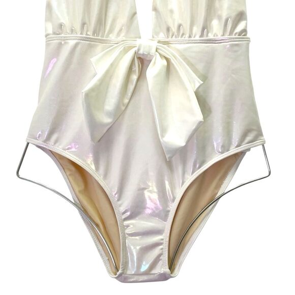NWT Beach Joy White Metallic Plunge One Piece Swimsuit Size Medium Bridal Bow - Picture 10 of 16